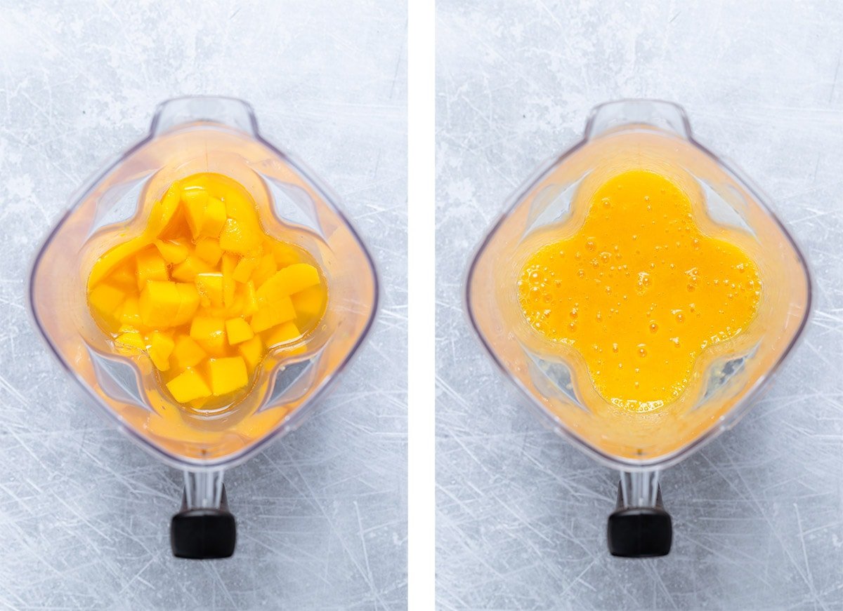 Diced mango and water in a blender before and after blending.