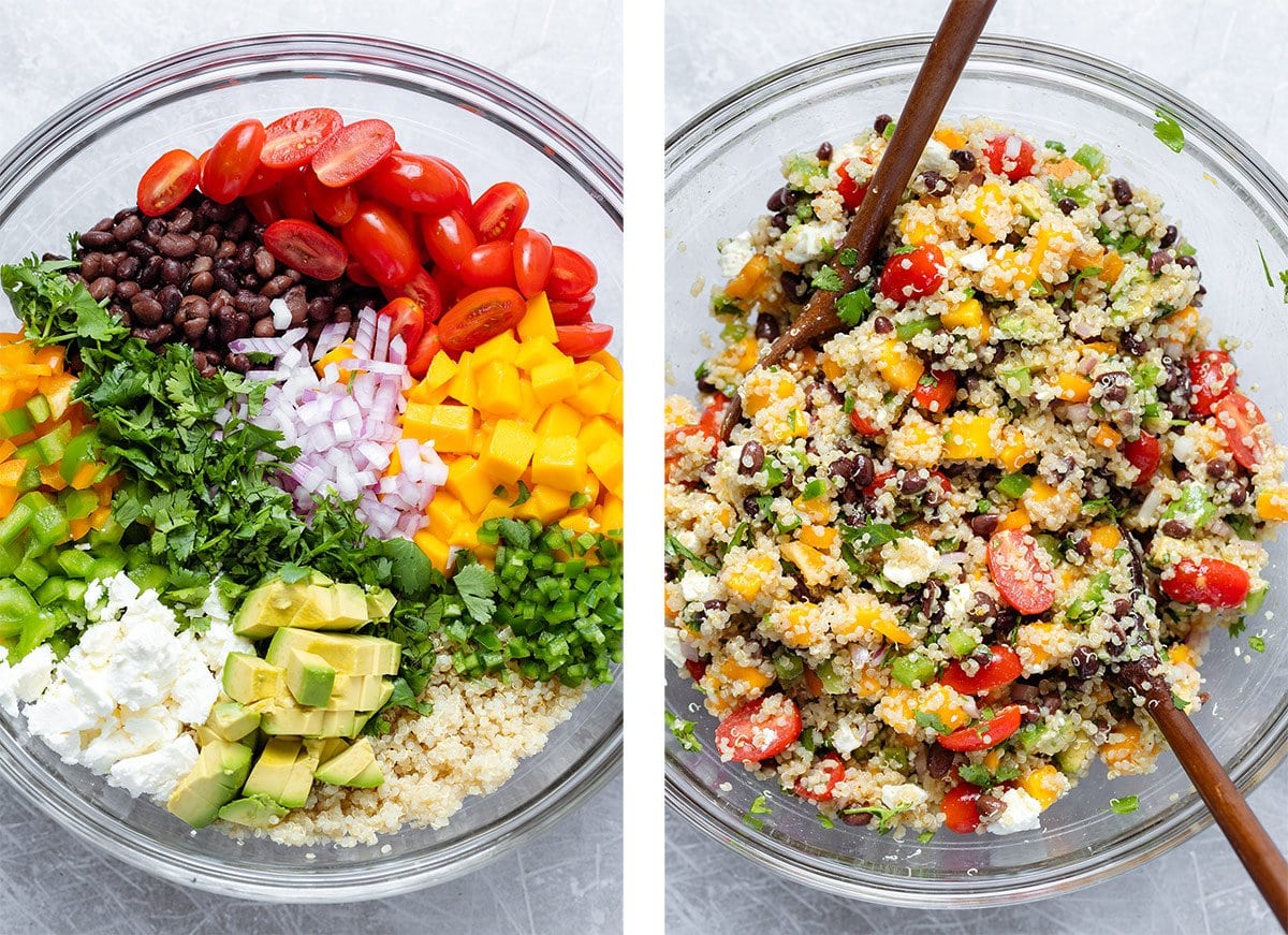 Quinoa mango salad in a large glass bowl before and after mixing.