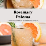 Rosemary paloma cocktail in a short glass with a gold rim garnished with fresh rosemary and a grapefruit slice.