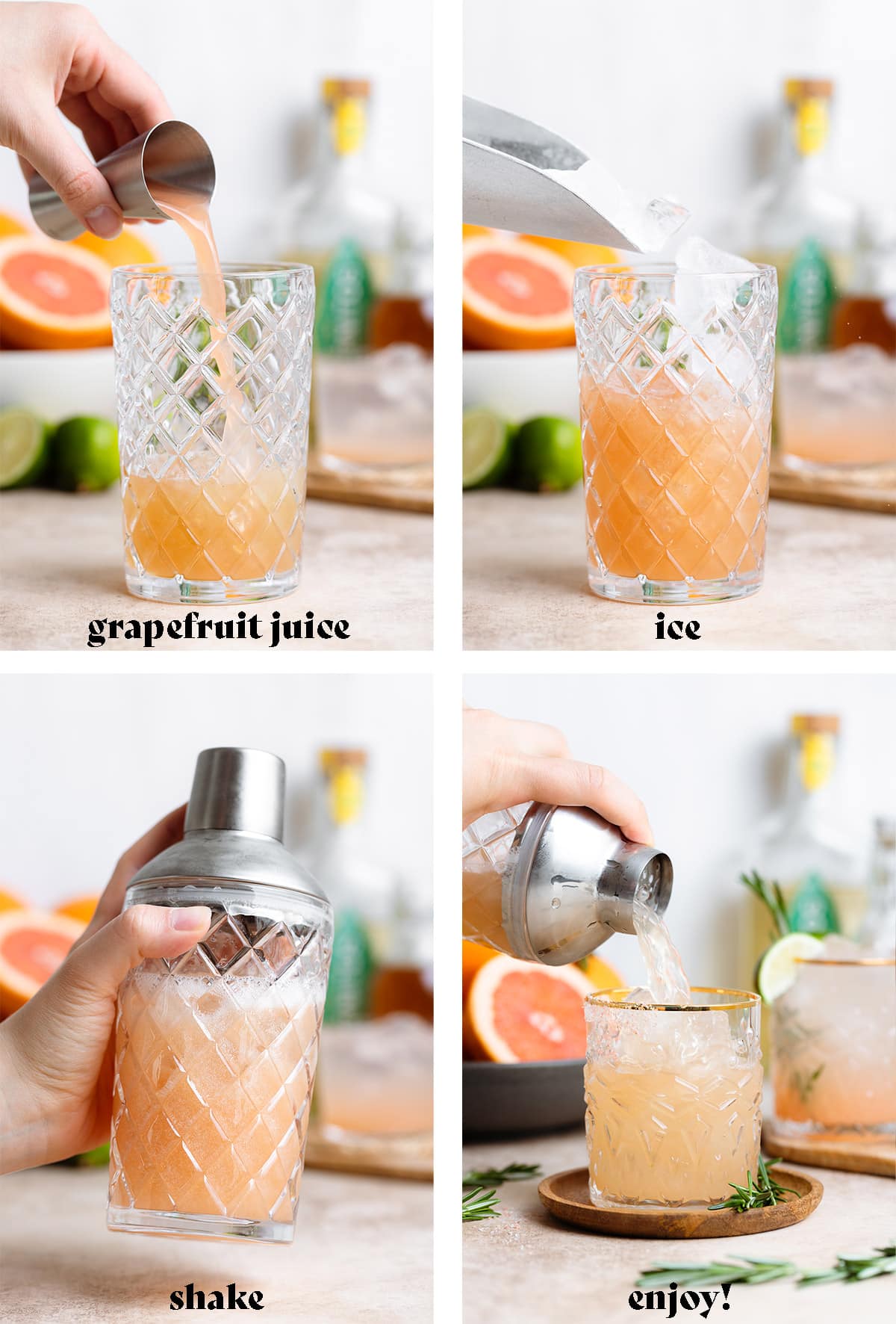 Pouring grapefruit juice into a cocktail shaker, adding ice, shaking, and serving.