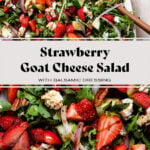 Strawberry goat cheese salad drizzled with balsamic glaze on a large white plate with wooden serving spoons.