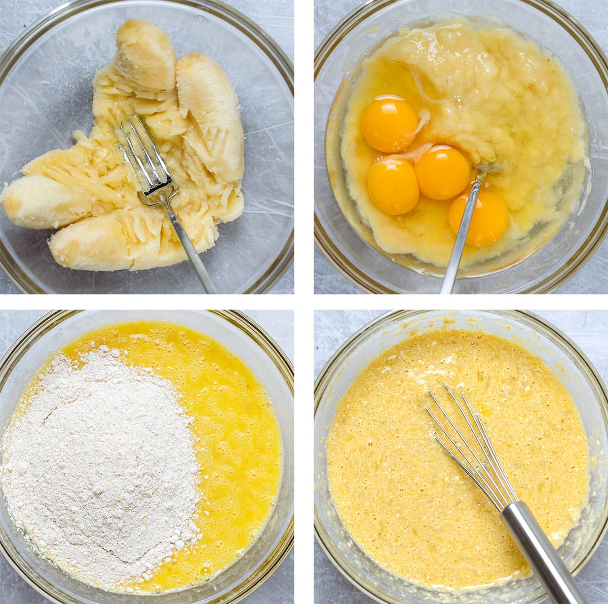 A collage of making of pancake batter, a fork mashing up banana, mixing it with eggs and oil, adding flour, and whisking everything together.