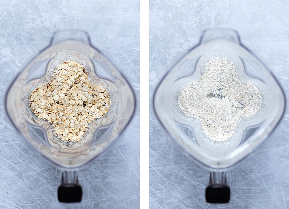 Rolled oats in a blender before and after blending into flour.