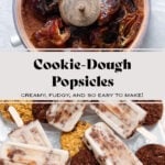 A collage with cookie-dough popsicles arranged on a white serving platter filled with ice on the bottom and a food processor making cookie dough at the top.