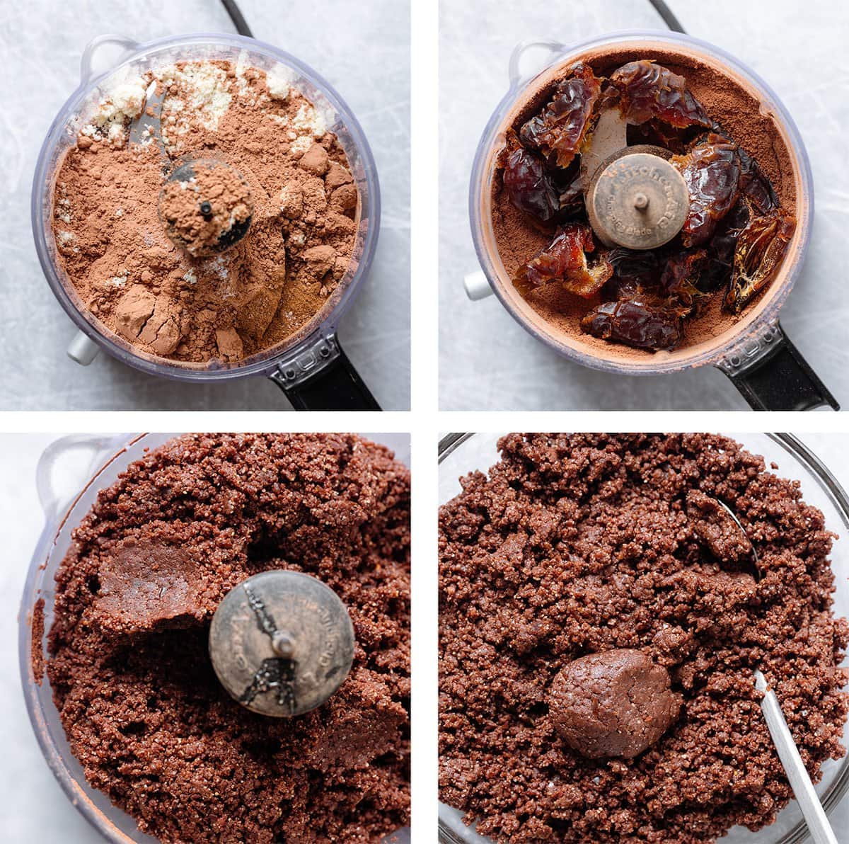 Four photos showing how to make cookie dough in a food processor from dry ingrediens to adding dates and nut butter.