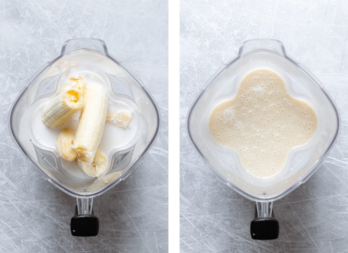 Bananas, coconut milk, and maple syrup in a blender before and after blending.