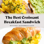 A toasted croissant filled with scrambled eggs, turkey bacon, and avocado on a white plate with more croissants in the background.