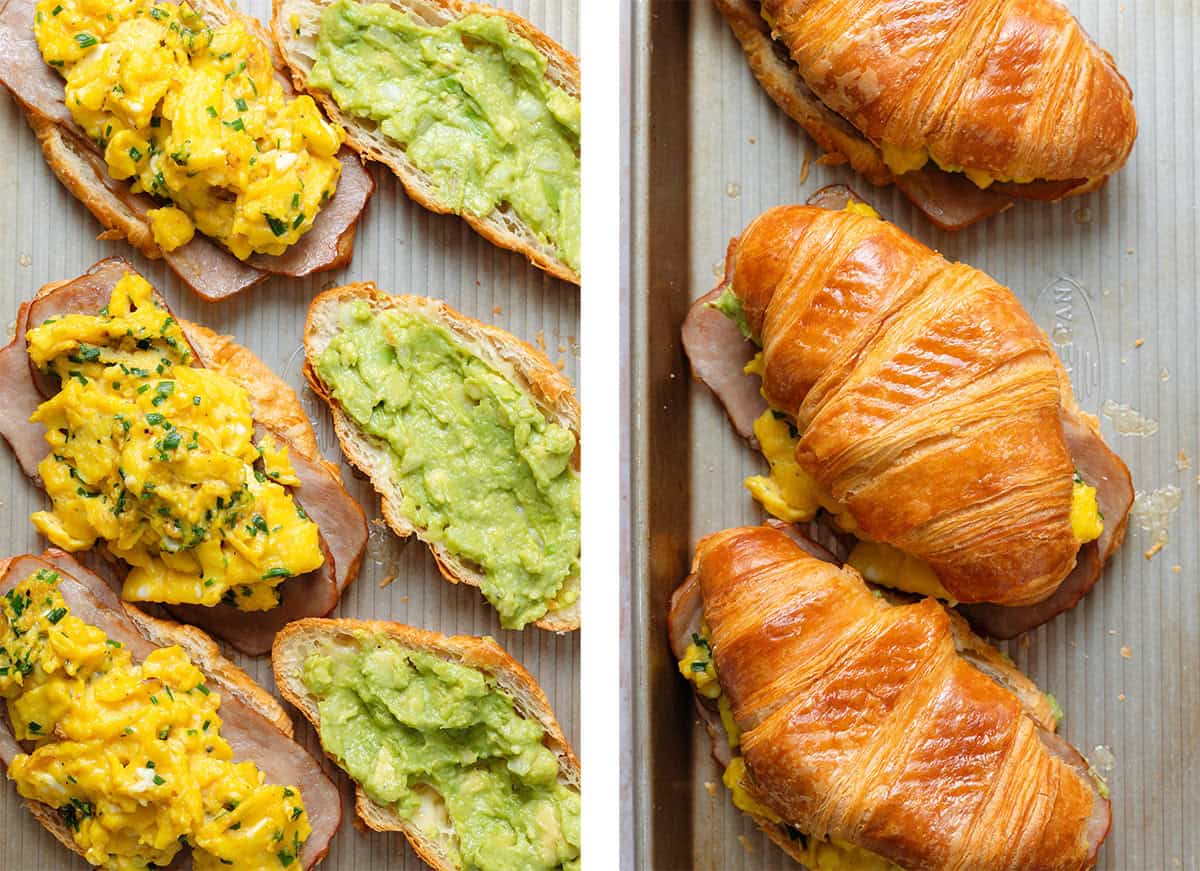 Three toasted croissants on a baking sheet filled with turkey bacon, scrambled eggs, and guacamole with a second photo showing them being topped with the other half of the croissant.