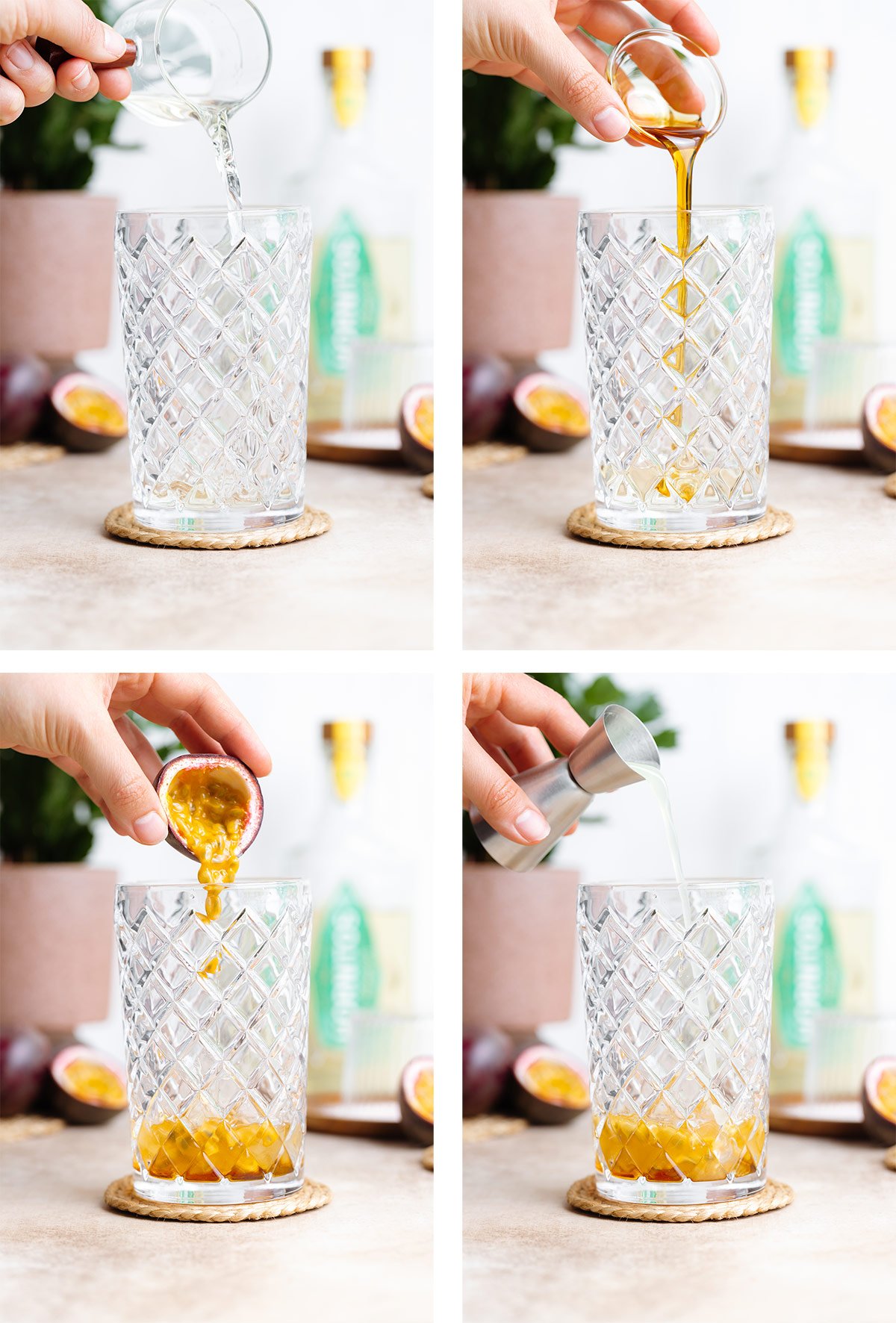 Tequila, maple syrup, passion fruit, and lime juice being poured into a glass cocktail shaker.