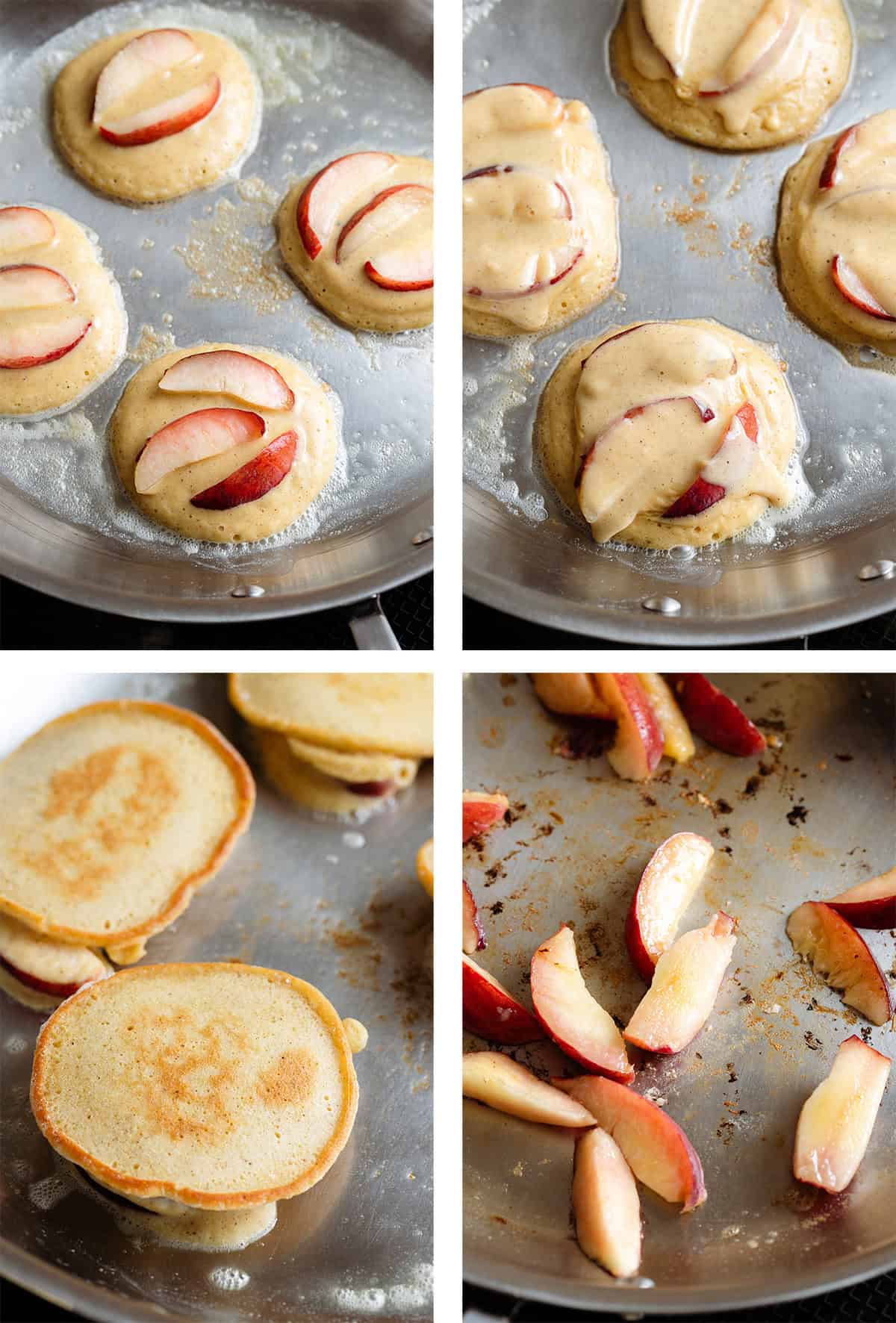 Cooking pancakes on a steel pan from adding batter, peach slices, more batter, flipping, and sauteeing extra peaches.