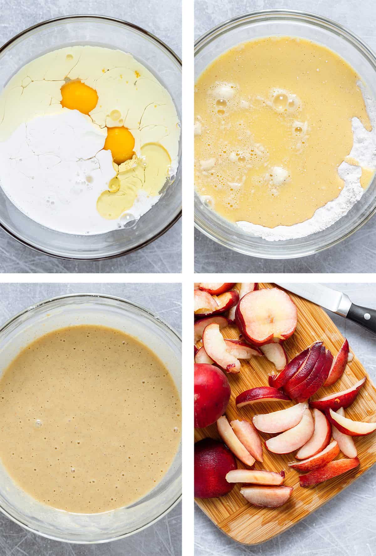 Mixing pancake dough in a large glass bowl and slicing peaches on a wooden cutting board.