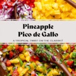 Colorful pineapple pico de gallo in a white bowl on a black plate with tortilla chips.