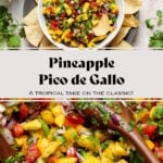 Colorful pineapple pico de gallo in a white bowl on a black plate with tortilla chips.