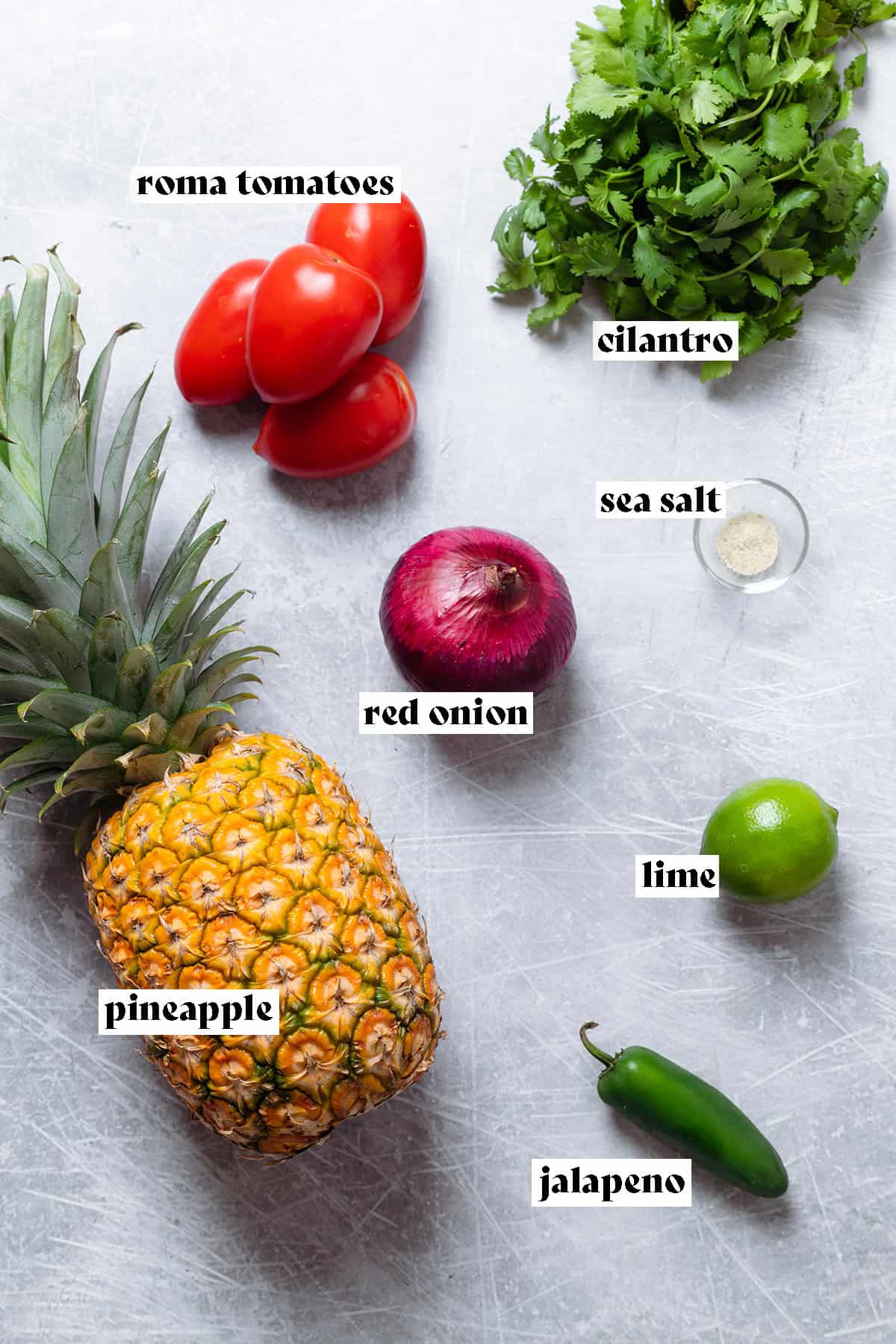 Ingredients for fresh pineapple salsa like a whole pineapple, roma tomatoes, and cilantro laid out on a scratched metal background.