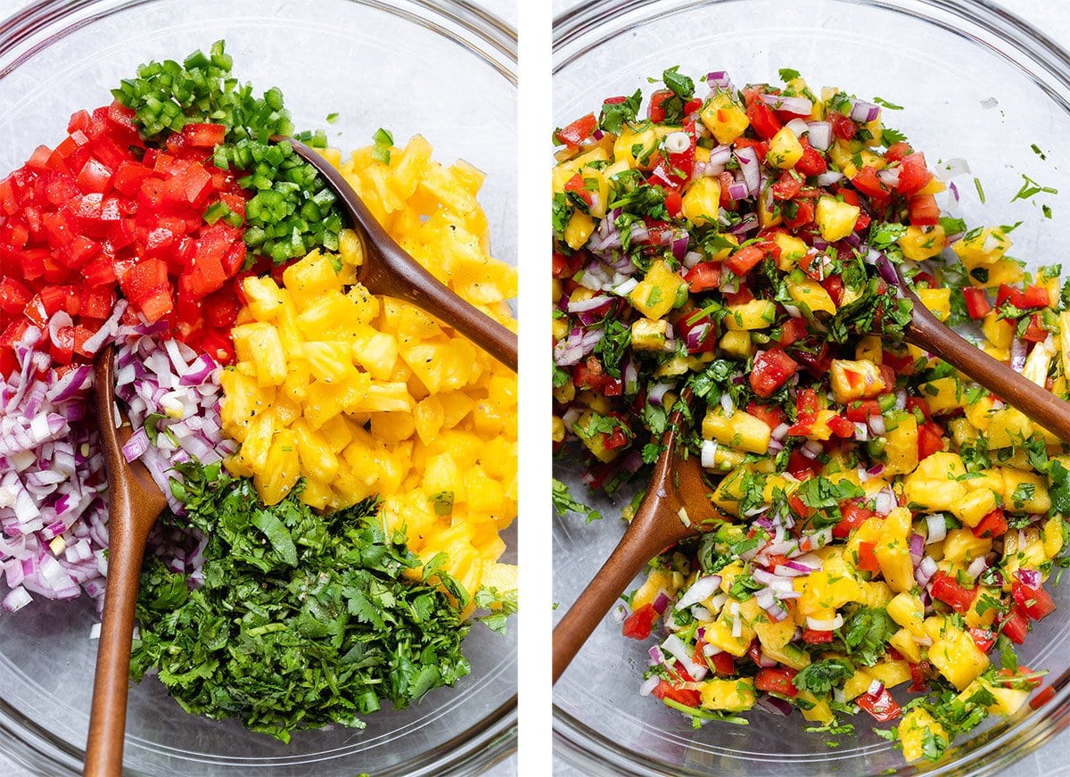 Colorful pineapple pico de gallo in a glass bowl before and after mixing with two wooden serving spoons.