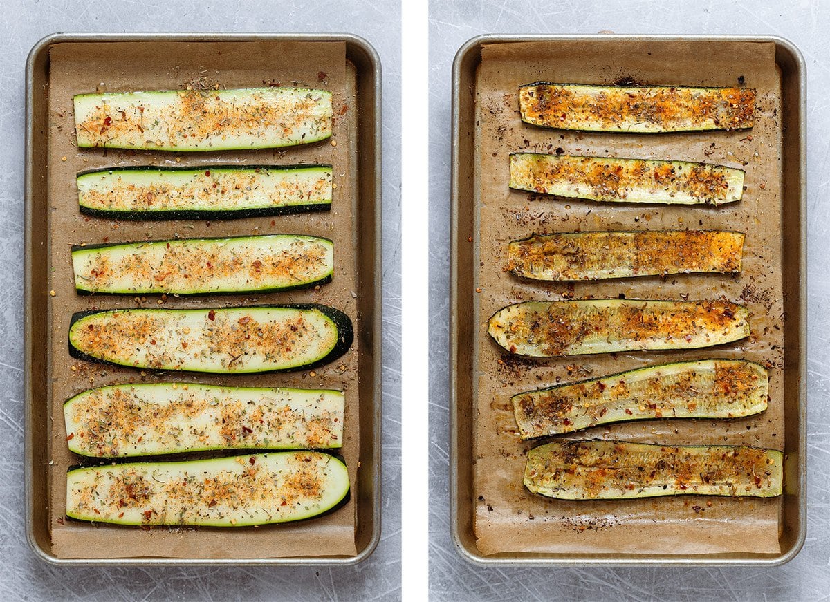 Zucchini slices before and after roasting on a baking sheet lined with parchment paper.