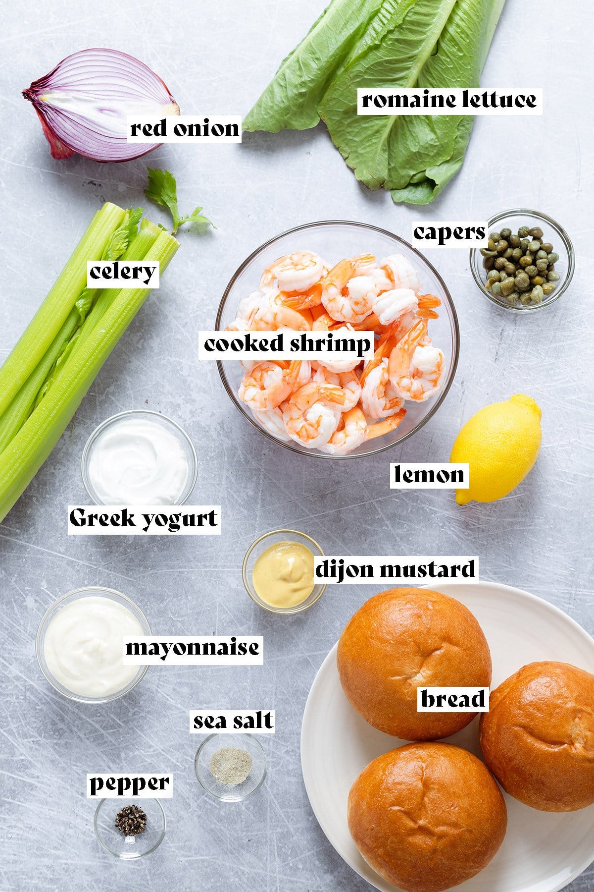 Ingredients for a shrimp salad like cooked shrimp, celery, greek yogurt, and red onion all laid out on a metal background.