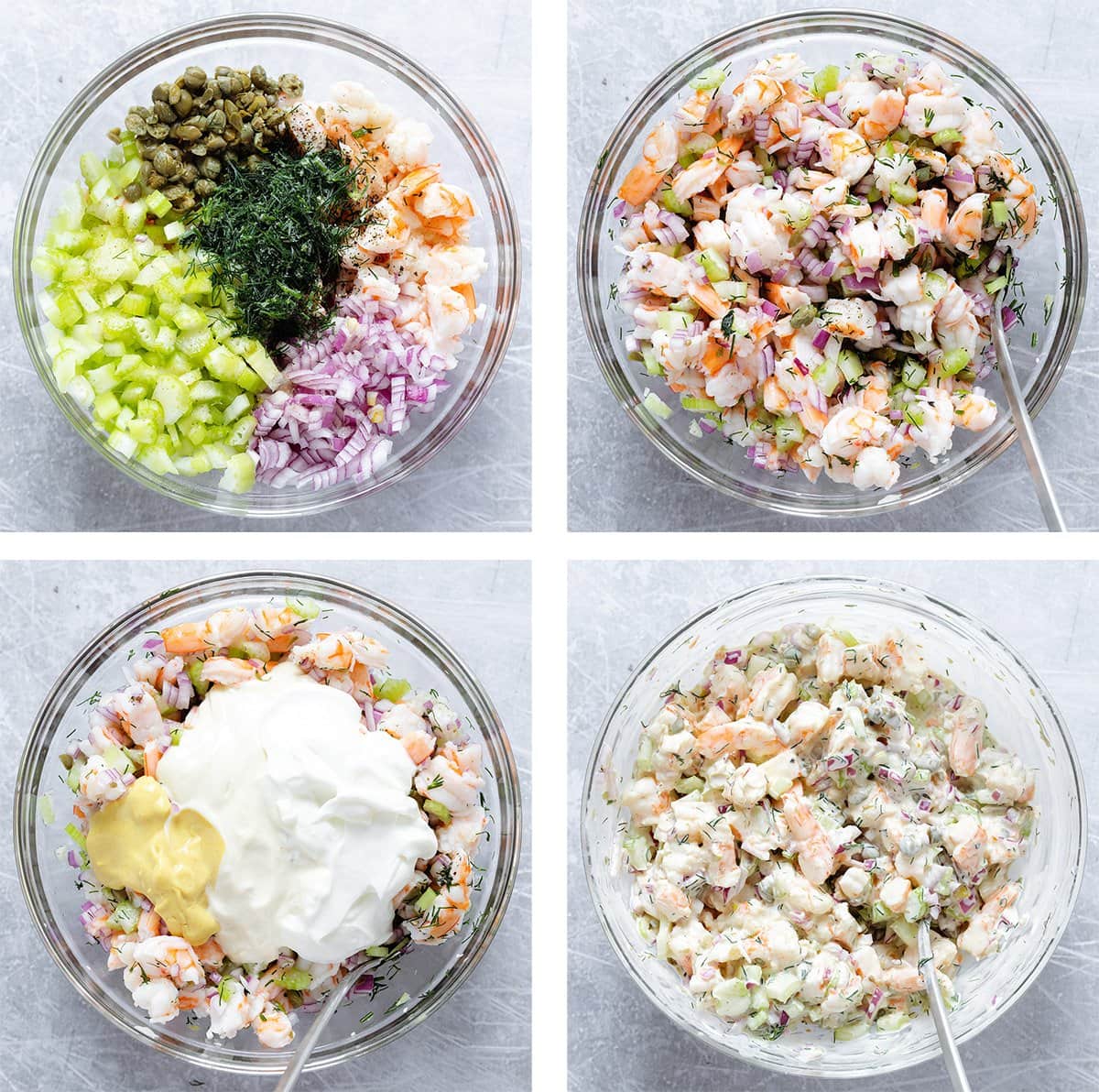 Four photos of shrimp salad being mixed together in a large glass bowl, before and mixing chopped ingredients and adding mayo and yogurt.