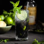 Black mojito with sparkling water on top creating an ombre effect in a tall glass garnished with a slice of lime and fresh mint.