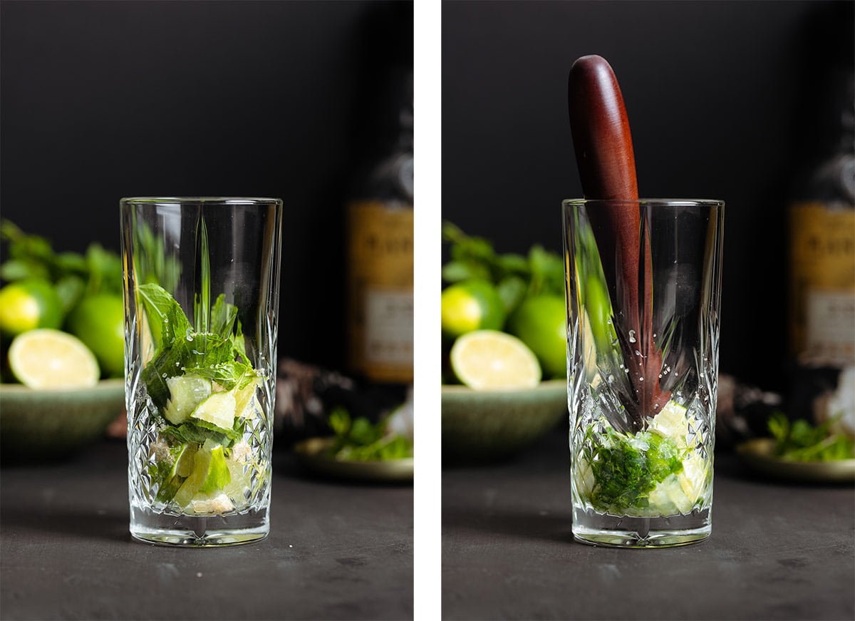 A tall glass with fresh lime, mint, and cane sugar before and after being mashed.