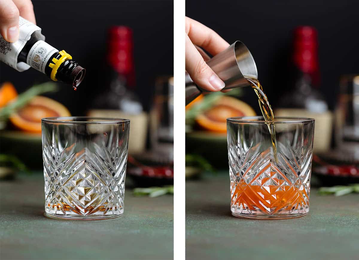 Angostura bitters and whiskey being added to a short glass on a dark green background.