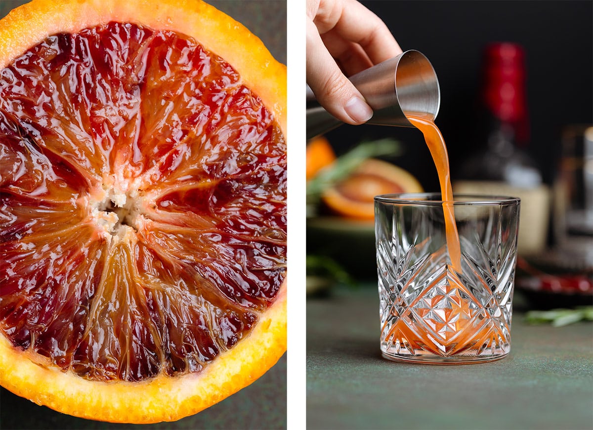 A close up of a blood orange on the left and the fresh juice from it being added to a short glass.