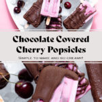 Pink cherry popsicles partially covered with dark chocolate on a white serving plate with ice.
