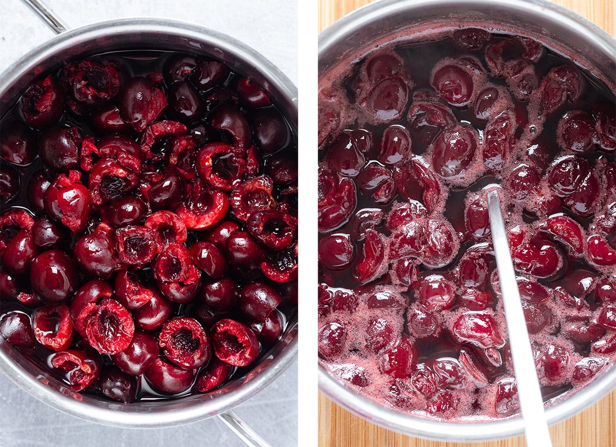 Pitted halved cherries with maple syrup in a small pot before and after cooking.