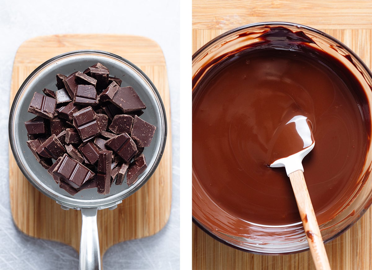 Chocolate in a glass bowl before and after melting.