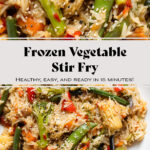 Rice stir fry with mixed thai style frozen vegetables sprinkled with sesame seeds and black pepper.