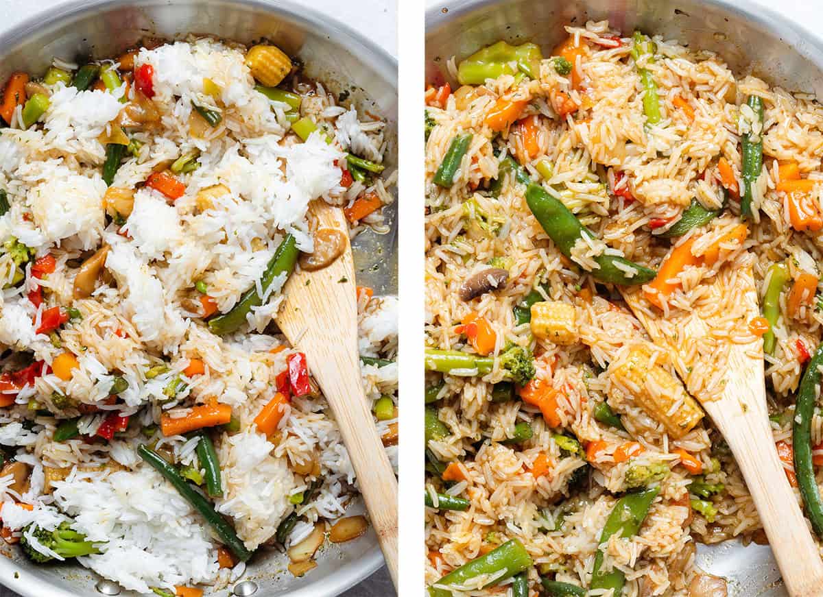 A large skillet with sauteed vegetables, cooked rice, and brown tamari based sauce.