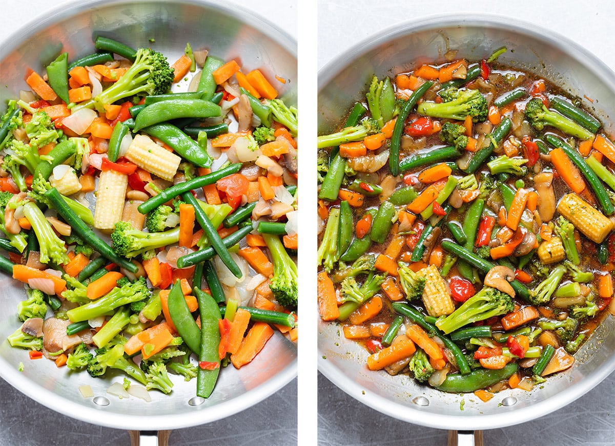 A large skillet with cooked frozen vegetable mix before and after adding dark spicy soy and sesame sauce.