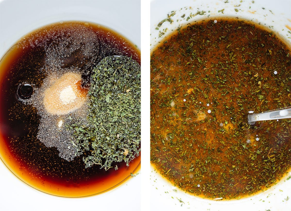 Stir fry sauce ingredients in a small white bowl before and after whisking.