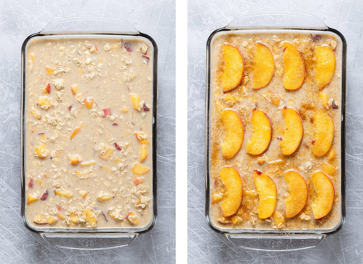 Uncooked baked oatmeal batter topped with peach slices and sugar in a glass baking dish.