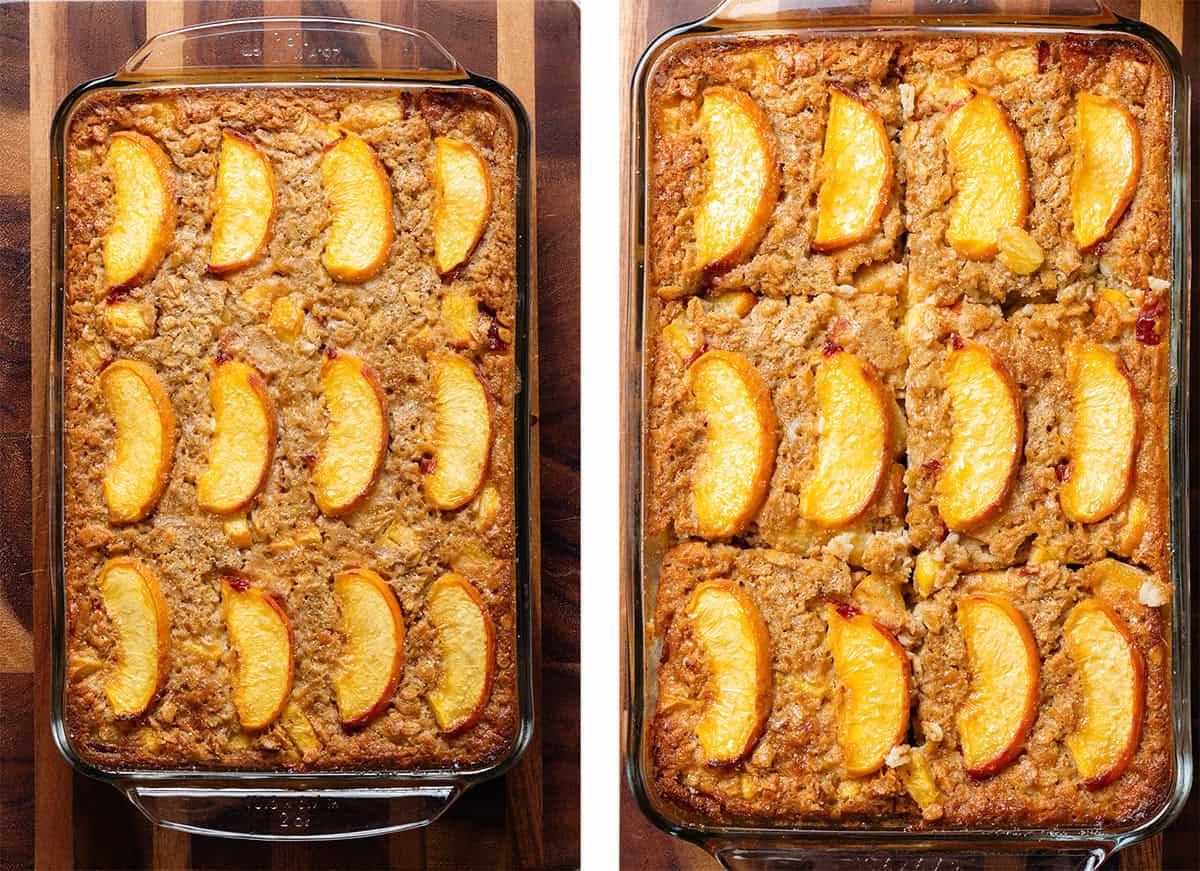 Baked oatmeal with caramelized peaches on top.