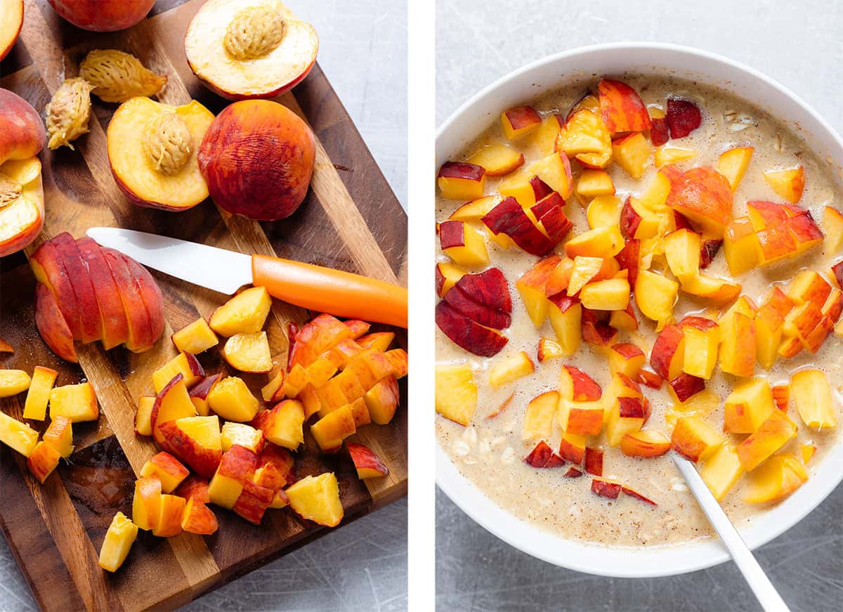 Sliced and diced fresh peaches on a dark wooden cutting board and being added to oatmeal batter.