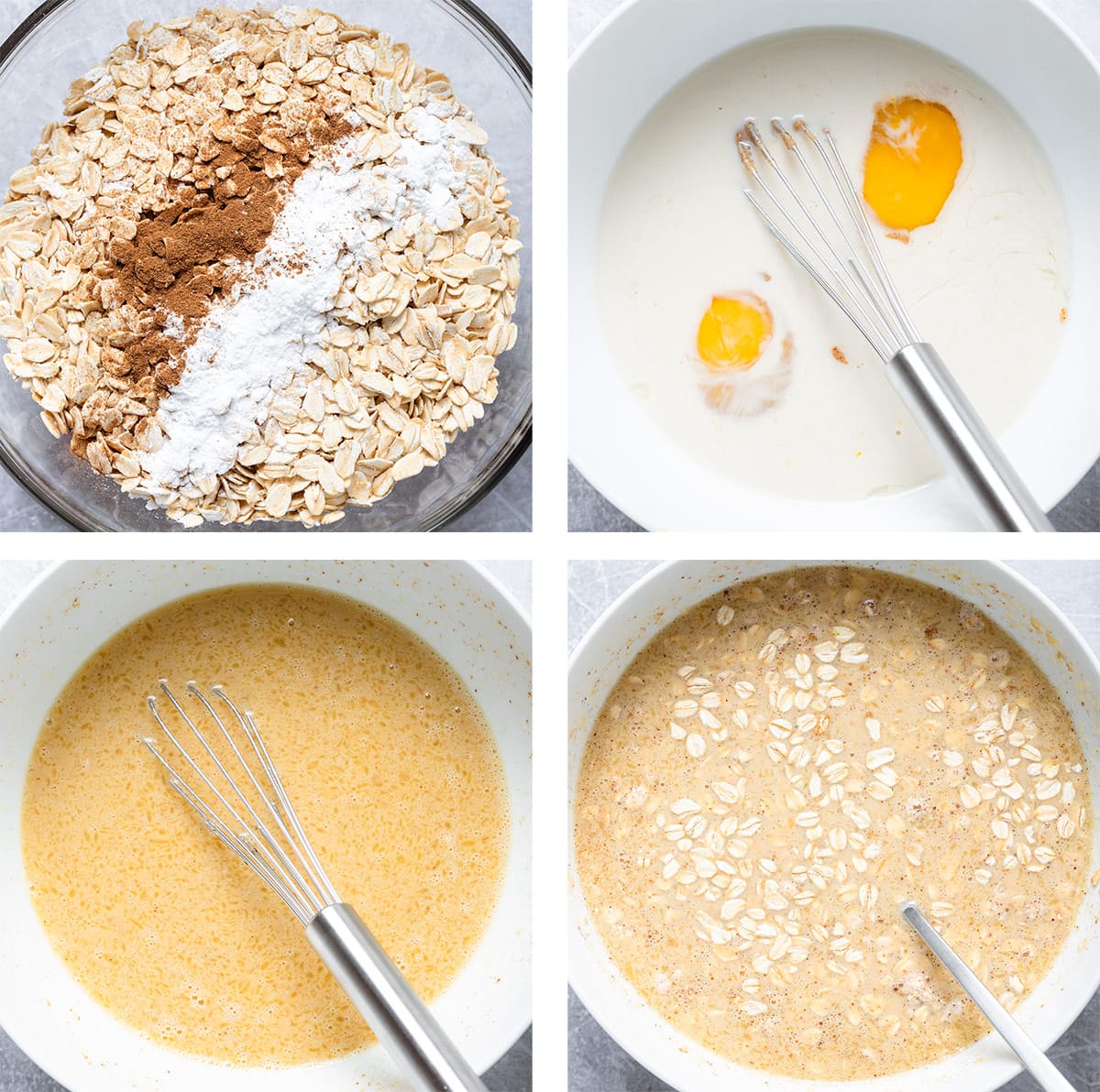 Four steps showing how to make baked oatmeal batter from mixing dry and wet ingredients separately and then together.