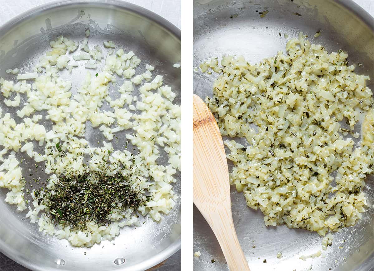 Finely chopped yellow onion and rosemary being cooked with butter in a large skillet.