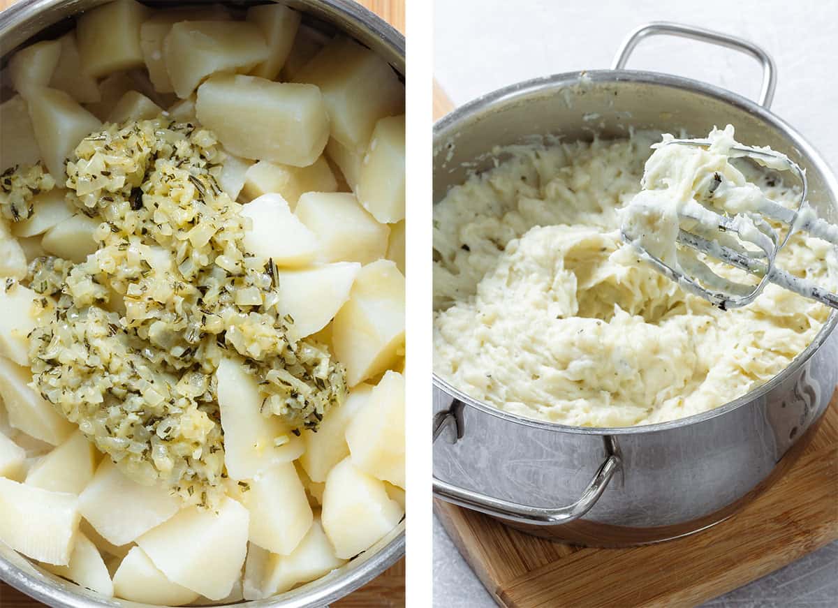 Cooked potatoes with sauteed onion and herbs before and after mashing.