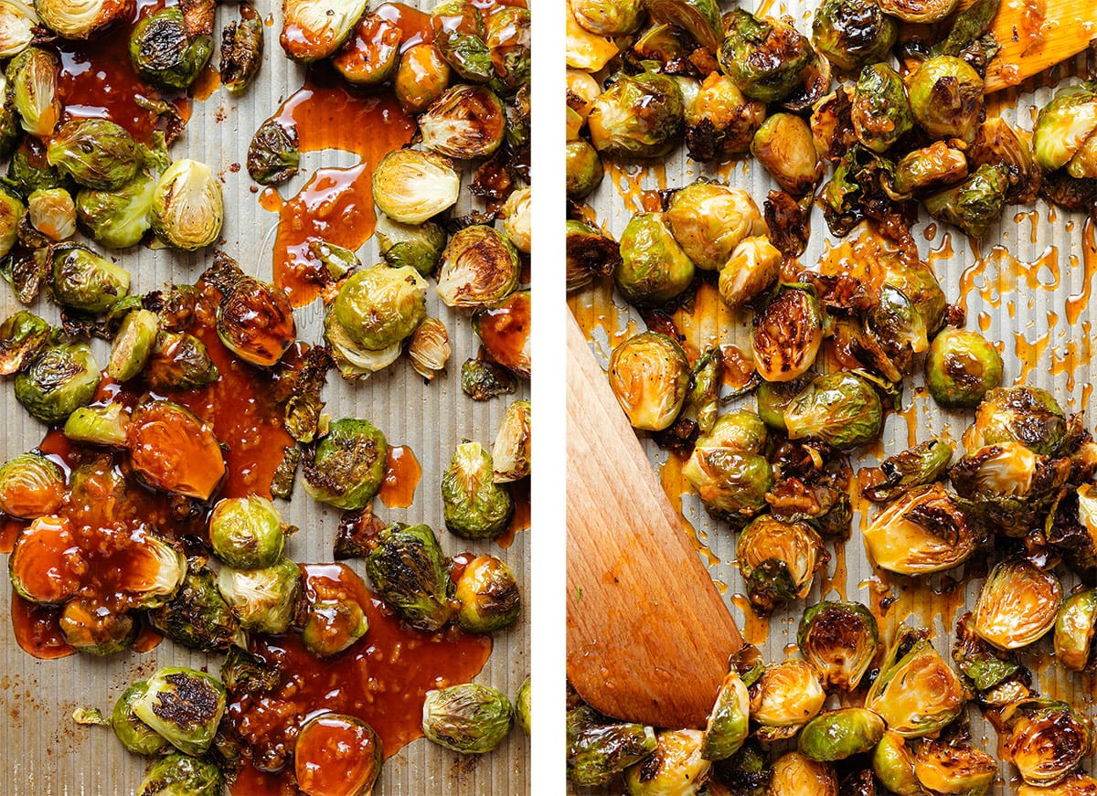 Roasted brussels sprouts with honey sriracha glaze before and after tossing in the sauce.