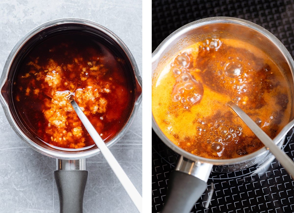 Honey sriracha glaze simmering in a small saucepan on the stovetop.