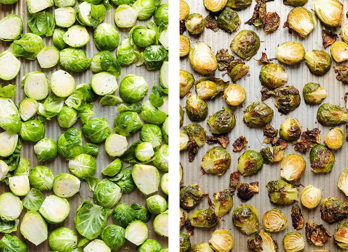 Halved brussels sprouts before and after roasting.