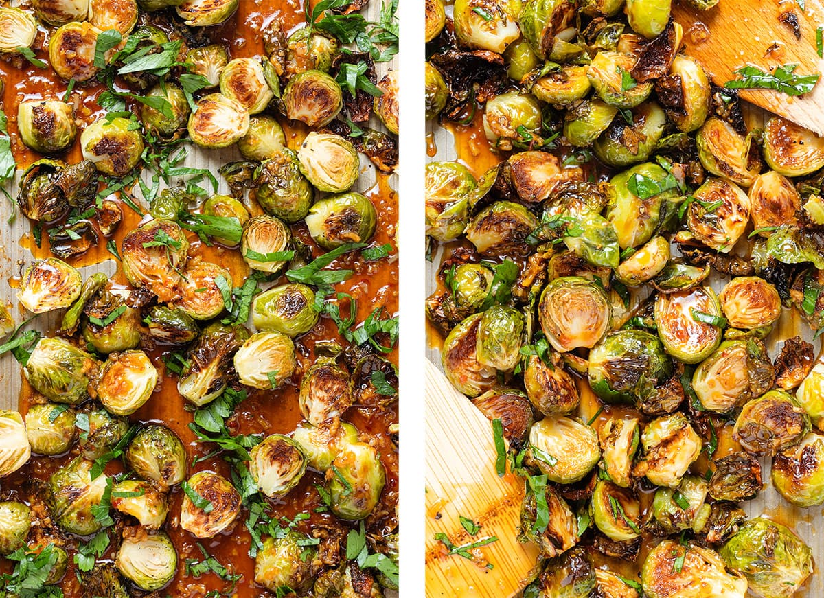 Roasted brussels sprouts on a baking sheet with soy glaze before and after tossing.