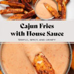 Crispy cajun fries on a white plate with a small dipping bowl with house sauce in the middle with one fry dipped into it.