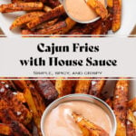 Crispy cajun fries on a white plate with a small dipping bowl with house sauce in the middle with one fry dipped into it.