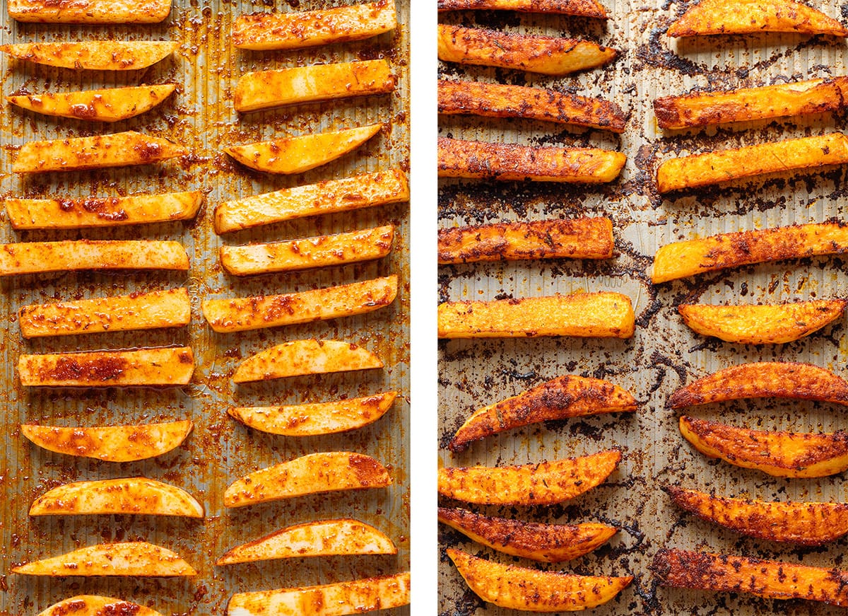 Cajun fries on a baking sheet before and after roasting.