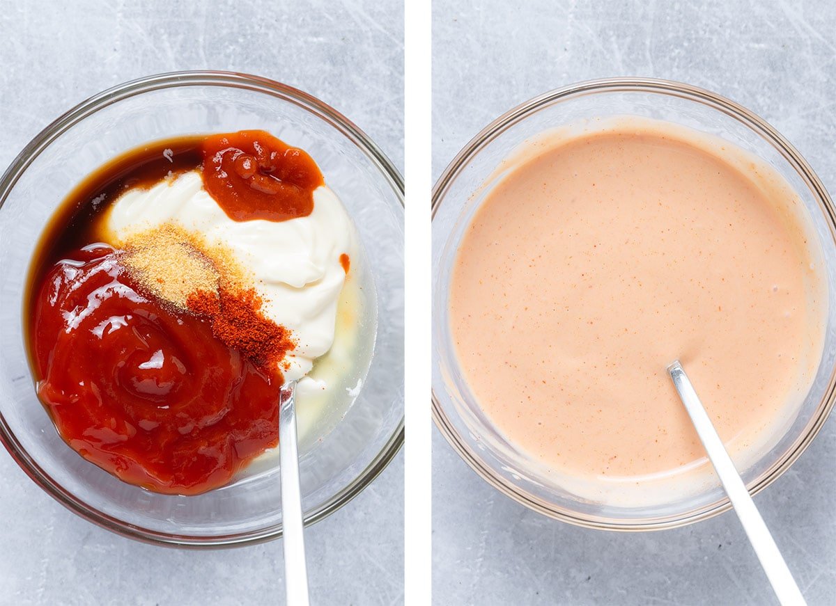House sauce in a small glass bowl before and after whisking.