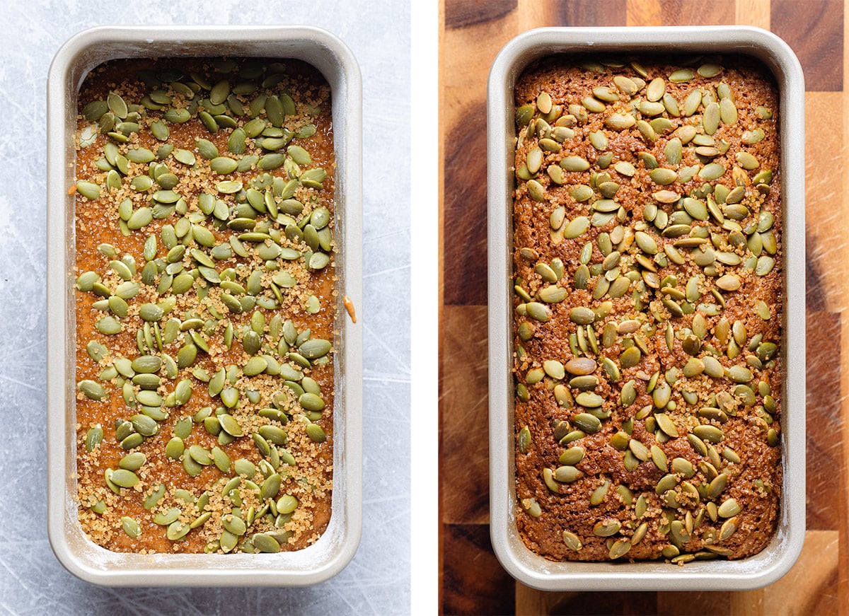 Pumpkin bread in a bread tin topped with pumpkin seeds and coarse sugar before and after baking.