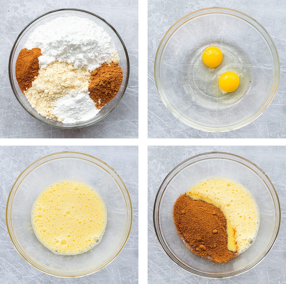 Step by step photos showing how to mix dry ingredients together, how to whisk eggs and mix in sugar.