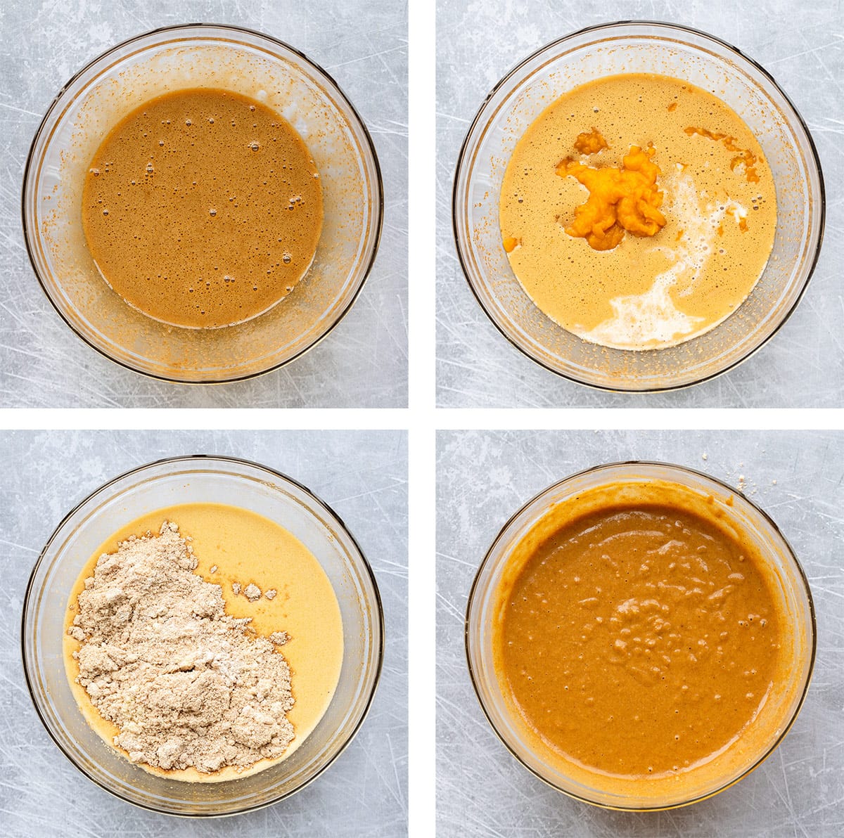 Four photos showing how to make pumpkin bread from mixing wet and dry ingredients separately and then together.